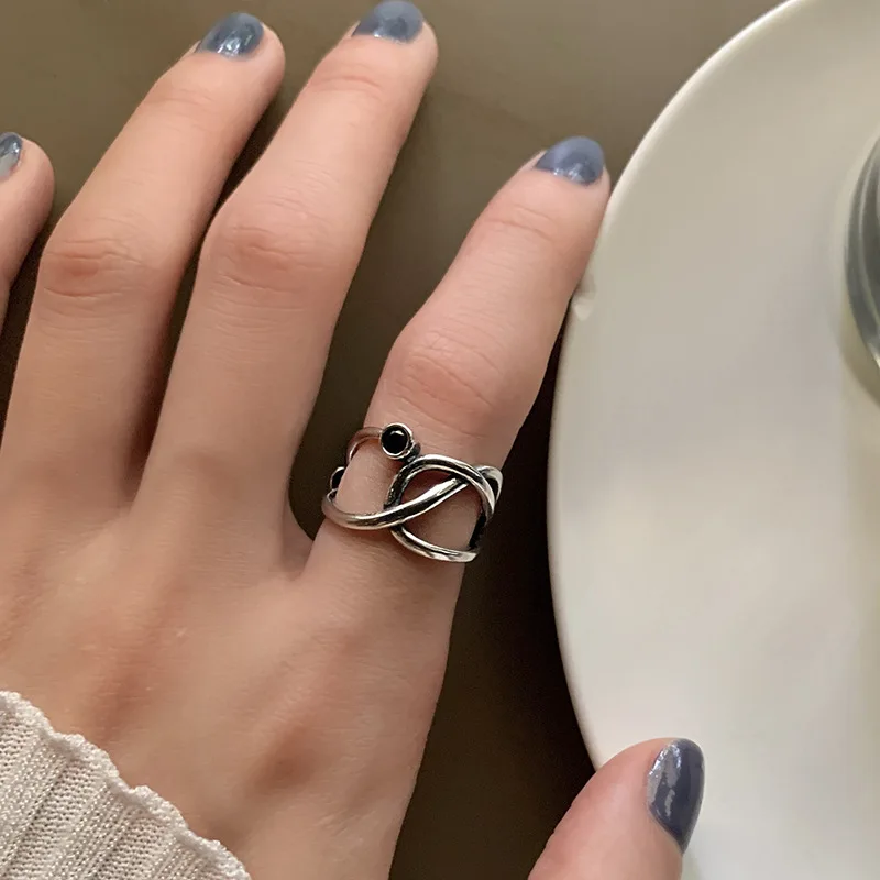 LIVVY Silver Color Fashion Black Round Finger Rings For Women Creative Hollow Out Geometry Cross Party Jewelry Accessories Gifts