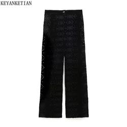 KEYANKETIAN 2024 New Launch Women's Floral Embroidered Velvet Pants Bohemian Zipper High Waist Straight-Leg Trousers Black