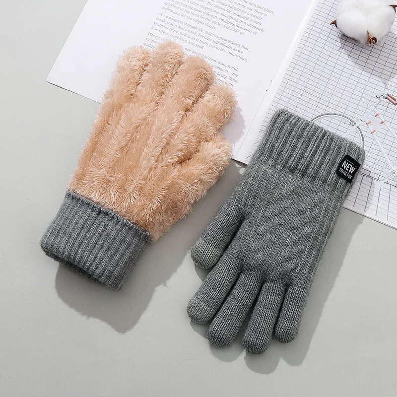 Winter Velvet Thickened Double-Layer Jacquard Warm Gloves, Outdoor Cold Resistant Cycling Knitted Touch Screen Five Women Men