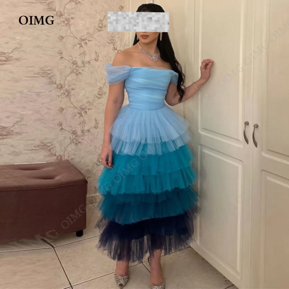 

OIMG Blue Colorful Tiered Tulle Long Evening Dresses Off Shoulder Custom Formal Prom Dresses Dubai Women Formal Party Gowns