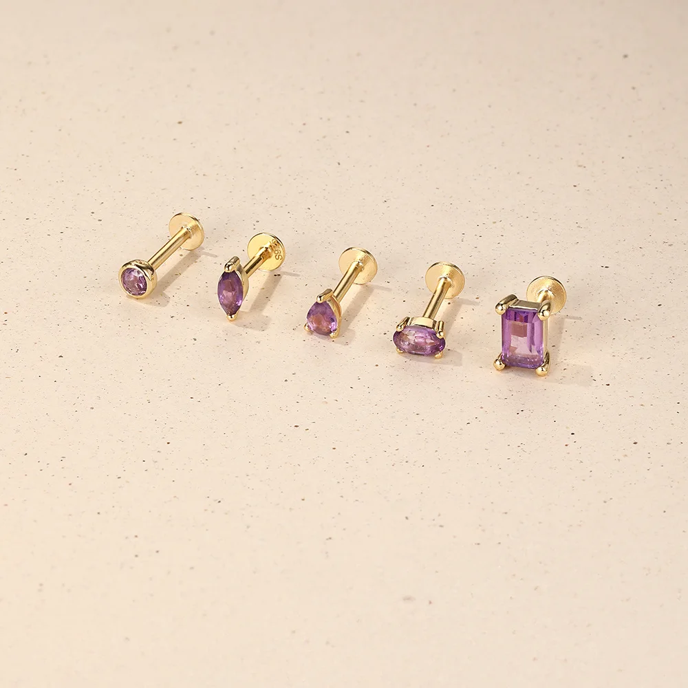 AIDE 925 Sterling Silver Natural Amethyst Piercing Earrings Shining 18K Gold Flat Head Threaded Puncture Ear Bone Ins Jewelry - view 3