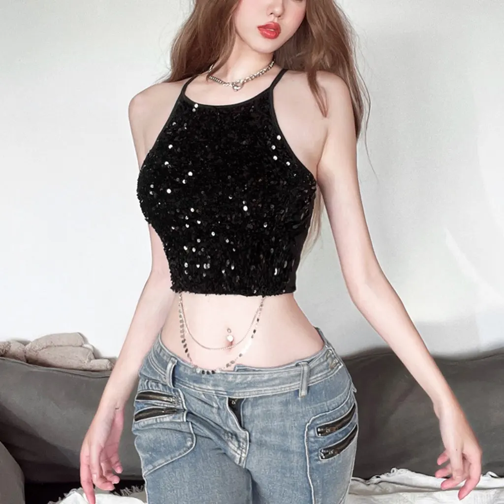 

Summer New Women's Backless Waist Navel Vest Sexy Hot Girl European American Style Metal Chain Detailing