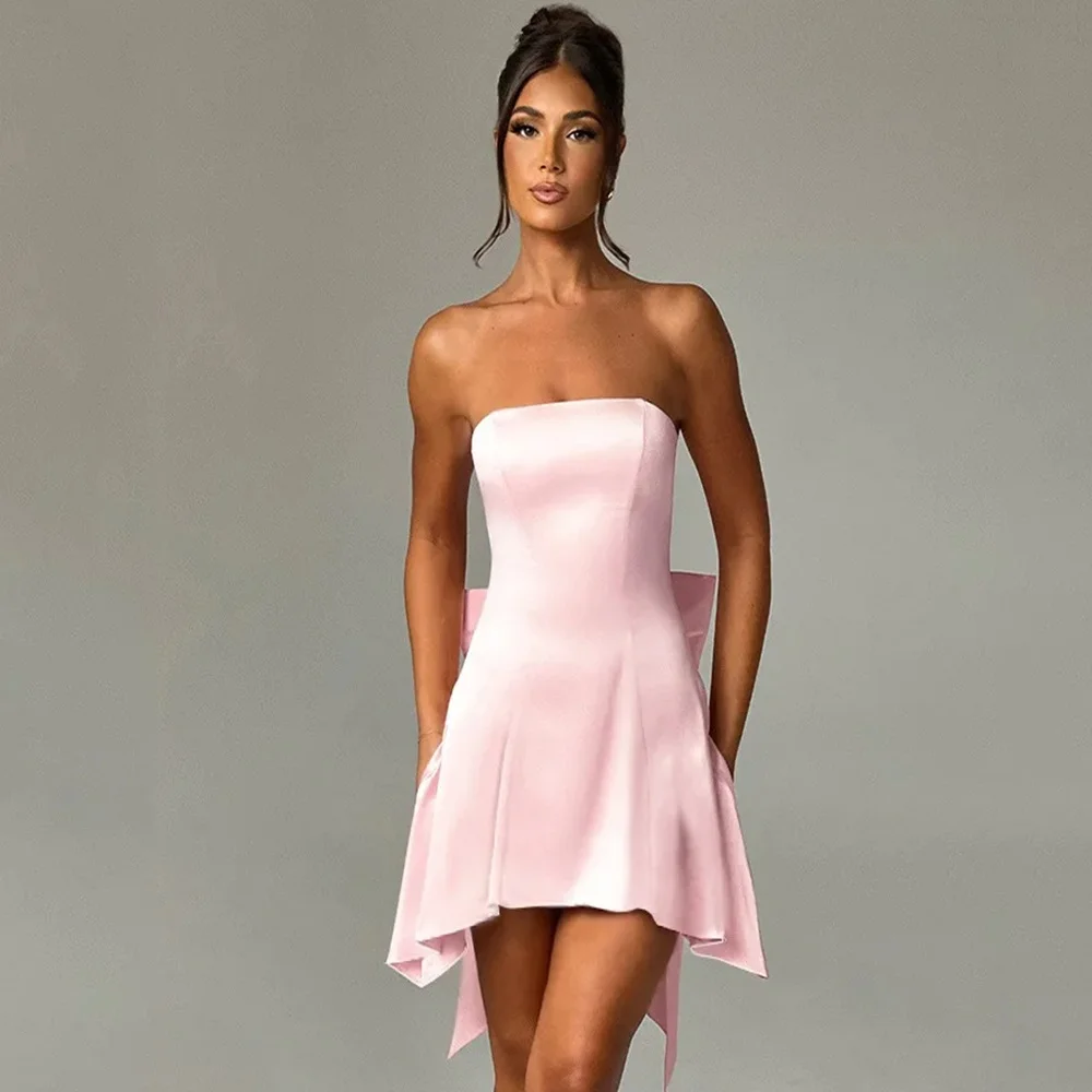 

Customized Simple Charmeuse Bow Pleat A-line Strapless Mini Dresses Bespoke Occasion Dresses Modern Style Fashion Elegant Retro