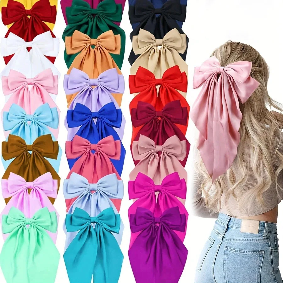 3Pcs Large Elegant Ribbon Bow Hair Clip for Women Simple Sol