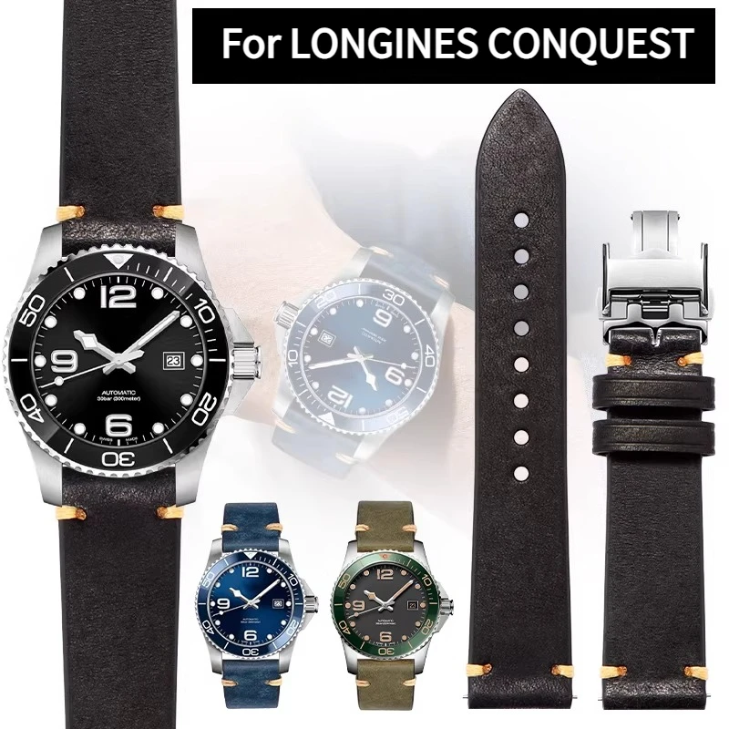 Correa de reloj de cuero genuino para hombre, Original LONGINES CONQUEST CHRONOGRAPH HYDROCONQUEST GMT, capa superior de cuero de vaca.