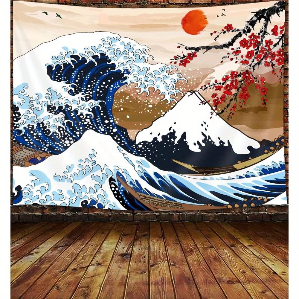 Ocean Waves Mount Red Sun Digital Bohemian Wall Tapestry Aesthetic Wall Decor Boho Home Decoration For Bedroom Living Room