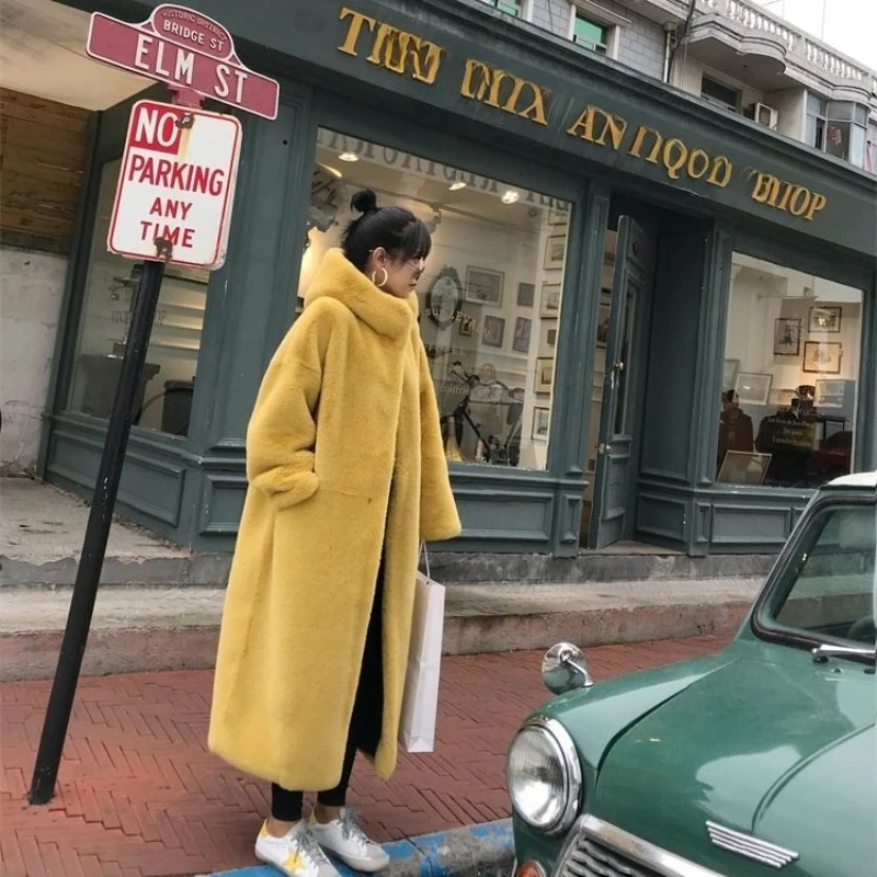 여성용 두꺼운 타입 모조 밍크 헤어, 긴 스타일 후드, 느슨한 인조 봉제 모피 코트, 가을 및 겨울