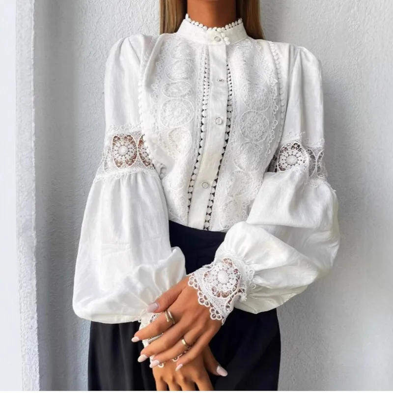 

Office Lady Lace Blouses Elegant Solid Color Casual Lace Hook Flower Hollow Puff Sleeves Blouse Top Lady Office Shirts For Women