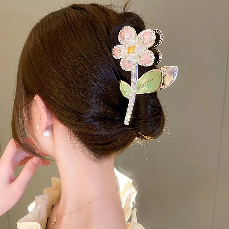 New Female Metal Flower Hair Grip Clip Ponytail Braid Hair Clip Rhinestone Shark Clip Korean Fashion Headdress Female