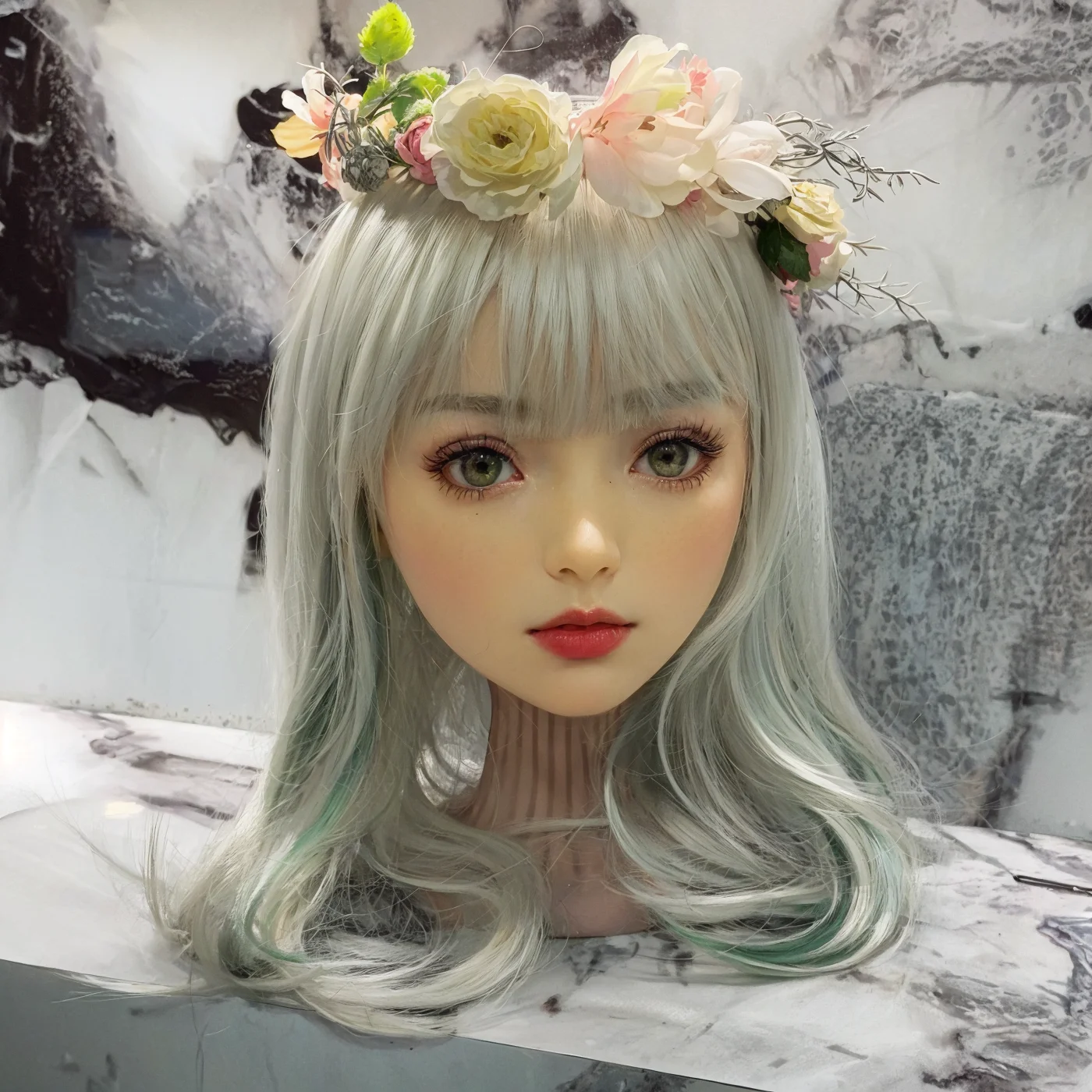 

New green-eyed female head model,silver-gray with dark green faux hair,tailor-made head model for hairdressers,can be paired wih
