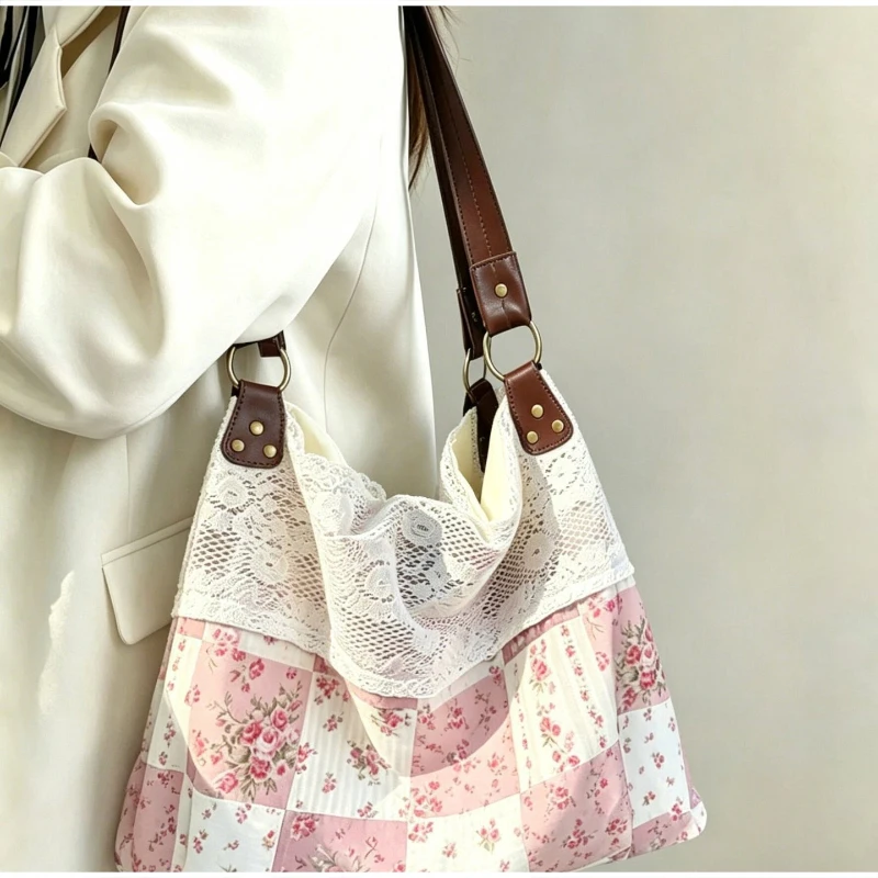 Böhmische Umhängetasche, Mori Girl Fairycore Damen Ditsy Floral Patchwork Handtasche mit Spitzenbesatz, Vintage Reise-Pendler-Einkaufstasche – Detail 22