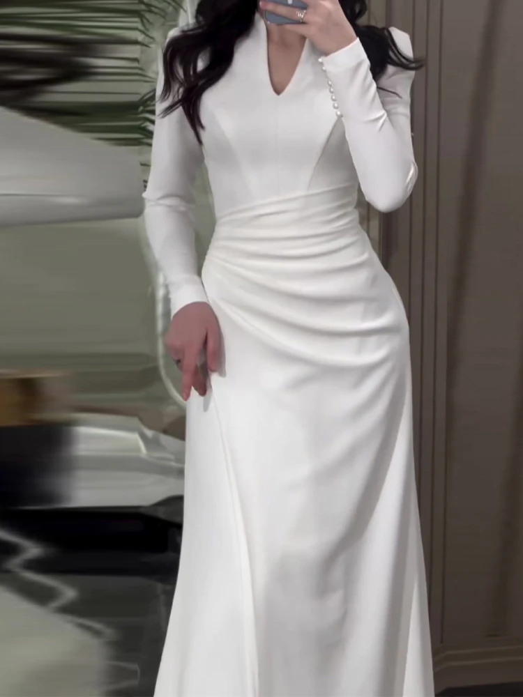 Dress Women Solid Long Dresses V Neck Full Sleeve Slim Fit Sheath Splice Regular Elegant A Line Vestidos Office Ladies 2024