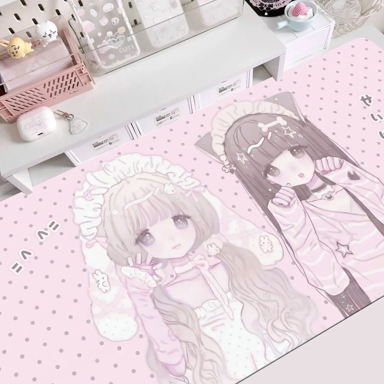 Leather Desk Pad Protector Polka Dots Kawaii Girl Skirt Kitten Lolita Y2K Mouse Pad Office Desk Mat Non-Slip PU Desk Blotter Pad