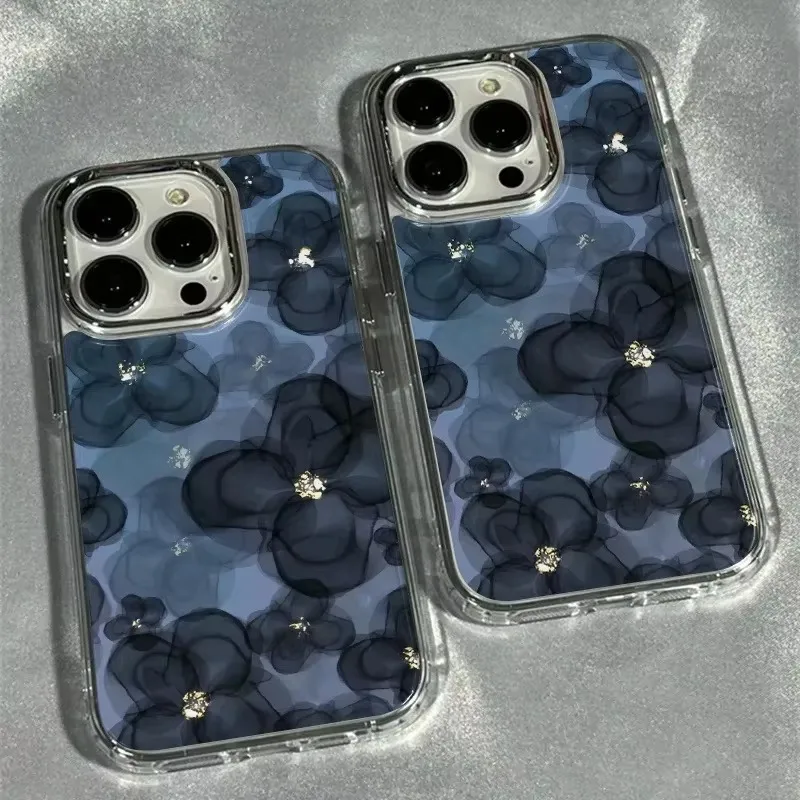 Plated Case for Samsung Galaxy S26 Edge S25 S24 S23 FE S22 Ultra Plus A73 5G A72 4G A71 4G A57 A55 A56 Cover Elegant Ink Floral