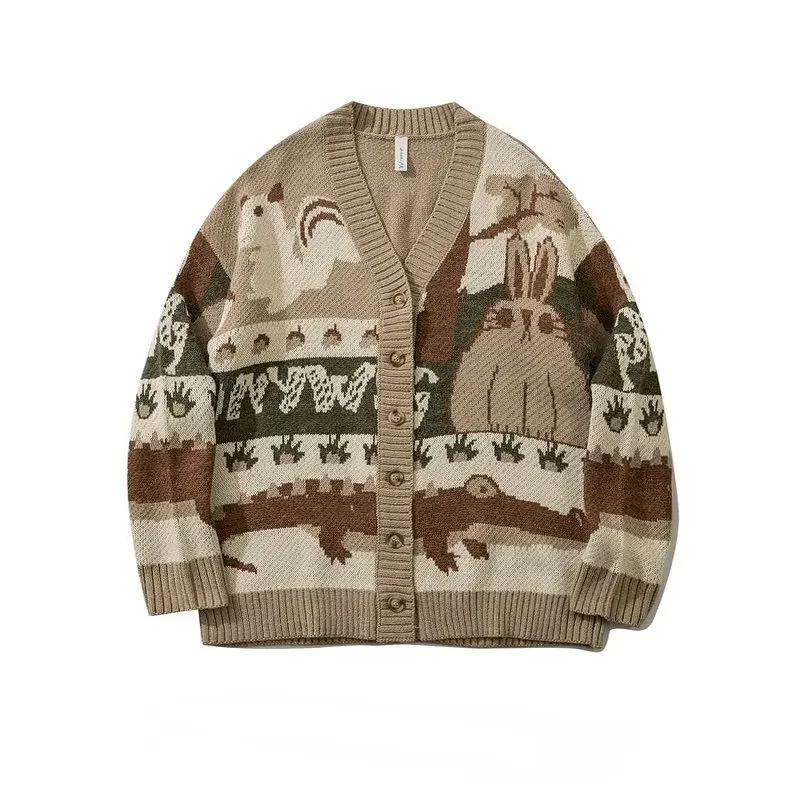 Vintage Cartoon Knitted Cardigan Men Oversized Sweater Japanese Harajuku Sweater Pullover Hip Hop Streetwear Loose Knitwear Tops