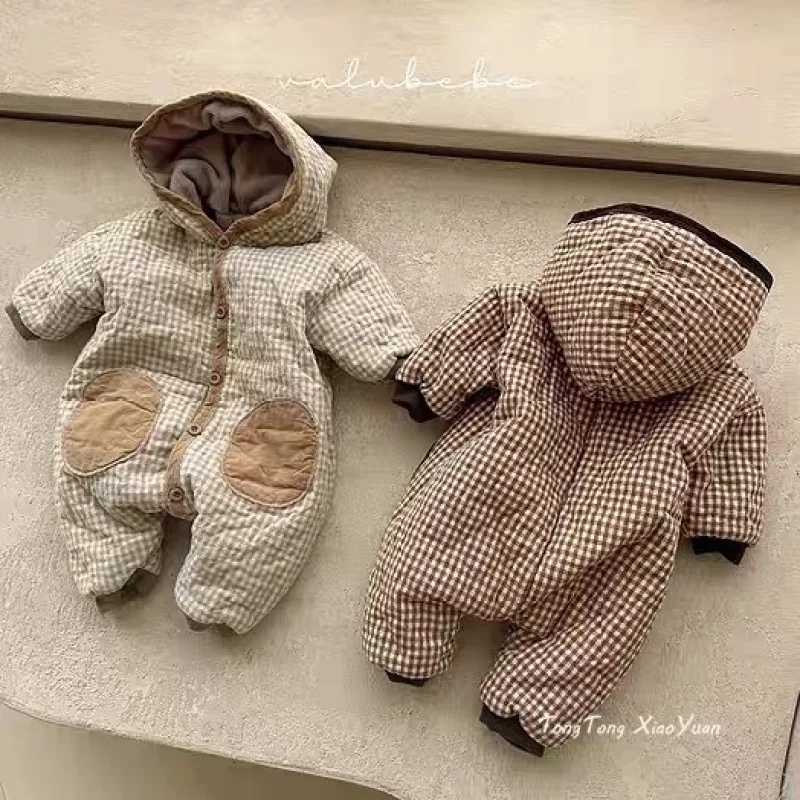 

2025 Winter New Baby Fleece Hooded Romper Infant Girl Cotton Padded Jumpsuit Plus Velvet Thick Toddler Boys Warm Clothes 0-24M