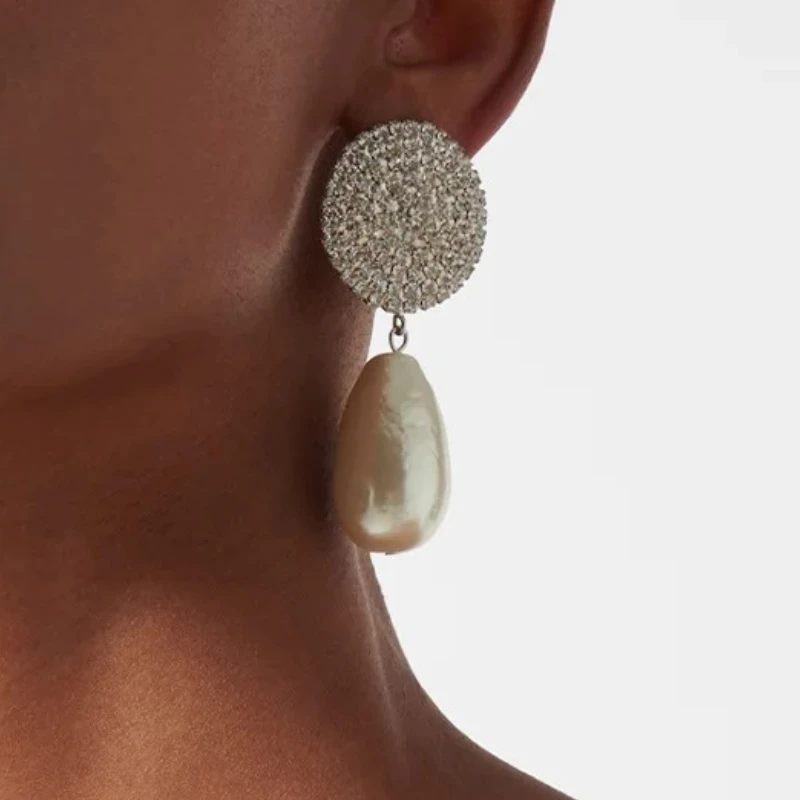 

Large Pearl Pendant Geometric Round Clips Earrings for Women Wedding Rhinestone Dubai Bridal Ear Clips Trendy Jewelry Elegant
