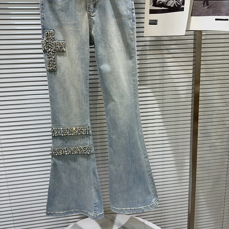 Moda uliczna kobieta szczupła kobieta dżinsy z kryształkami amerykańskie Retro Vintage damskie dżinsy proste podstawowe spodnie rozkloszowane z niskim stanem kobiece