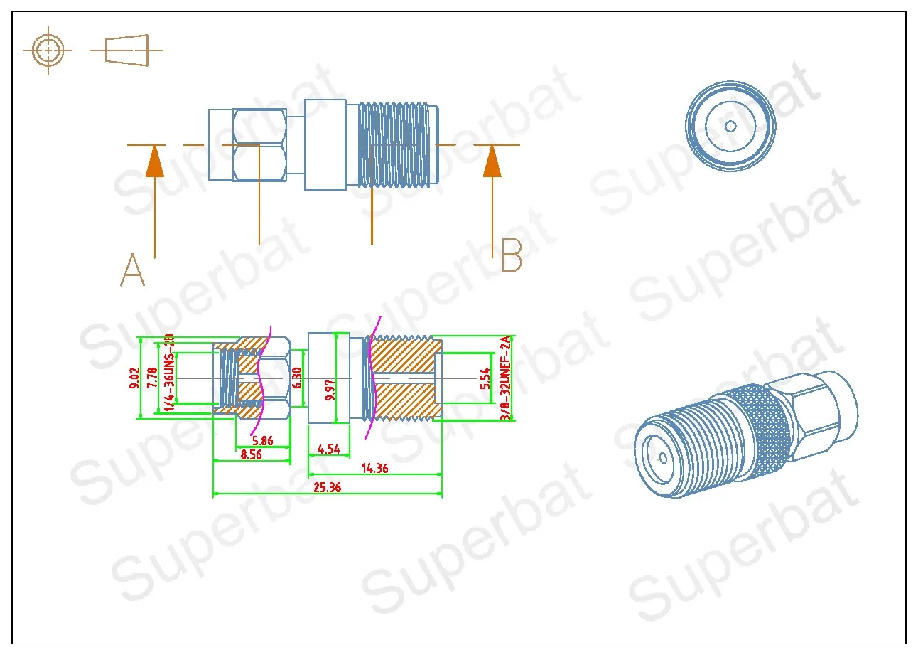 Superbat RP-SMA ذكر إلى F نوع أنثى مستقيم RF محول موصل محوري