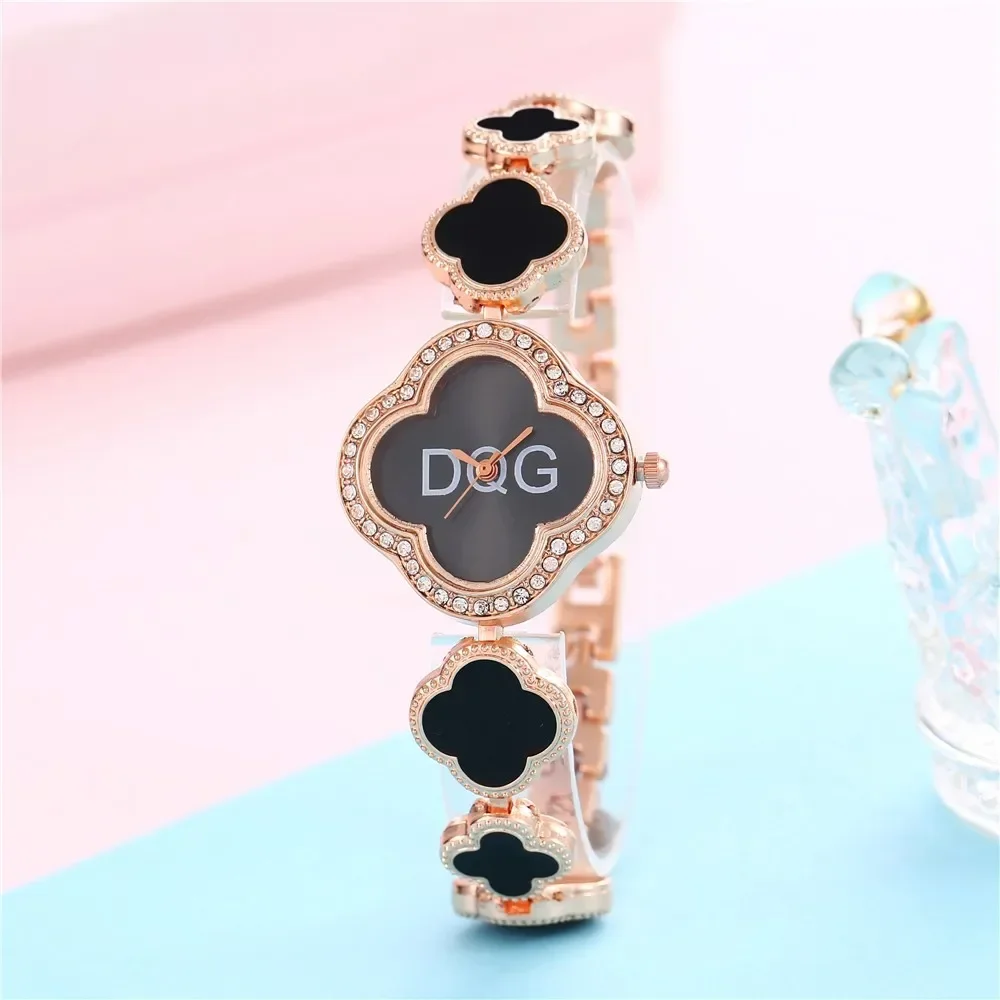 Luxury DQG Brand 2023 Ladies Simple Black Ultra Thin Petal Quartz Watch Fashion Female Bracelet Set Clock Women\'s Wristwatch