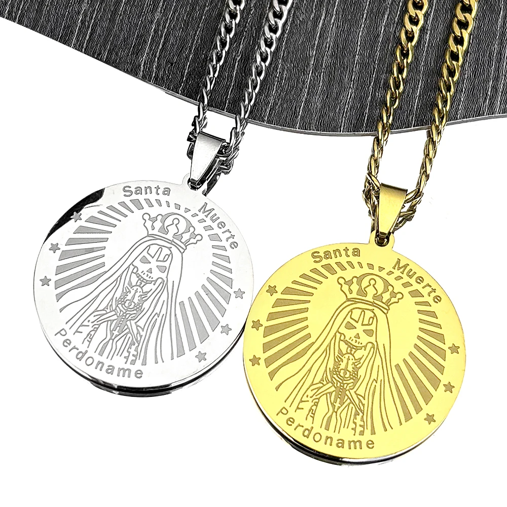 Mexikanische Santa Muerte Perdoname Anhänger Halskette für Frauen Männer Edelstahl Gold Farbe Schädel Stern Medaille Amulett Kette Schmuck – Detail 7