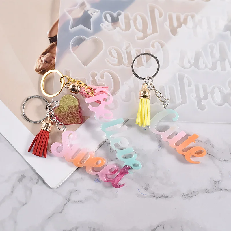 Blessing Word Keychain Pendant Silicone Mold Charms With Tassels Eye Hook Ring For Crafts Jewelry Making Tools