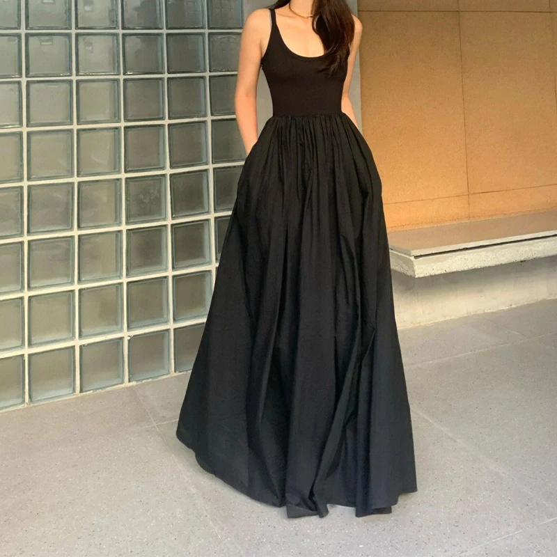 HOUZHOU gaun Maxi hitam elegan Chic Vintage tanpa lengan longgar ruffle wanita pesta klub malam jubah gaya Korea sundress