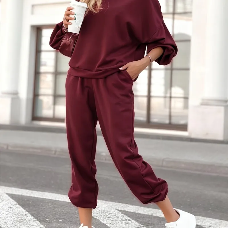 جديد الخريف الشتاء تنوعا الرياضة نمط بلون دعوى المرأة جولة الرقبة طويلة الأكمام فضفاضة البلوز بنطال ذو قصة أرجل واسعة 2 قطعة مجموعة #2