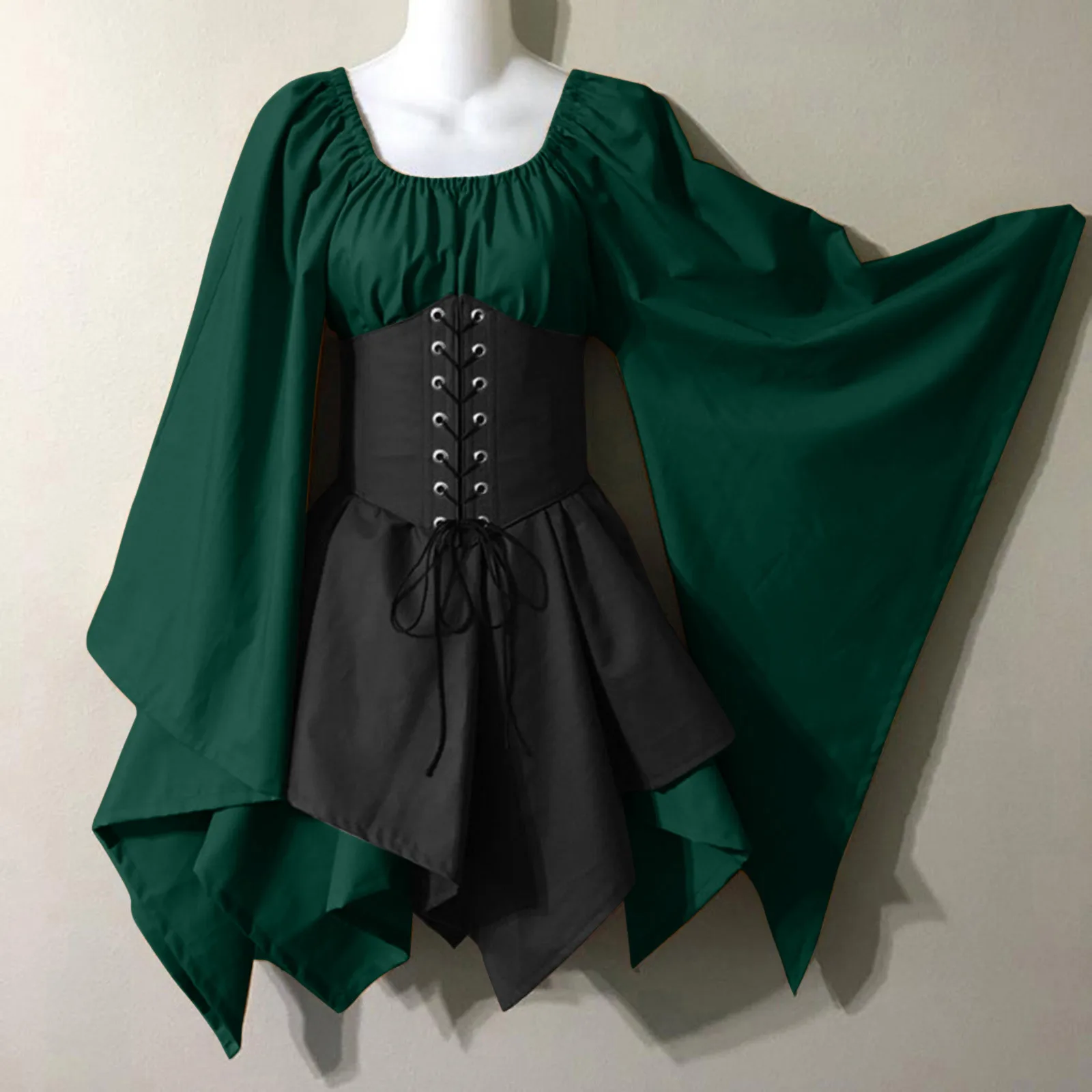 Women Vintage Gothic Style Cosplay Dresses Lace Up Waist Irregular Hem Prom Dresses Ladies Batwing Sleeves Square Collar Dresses