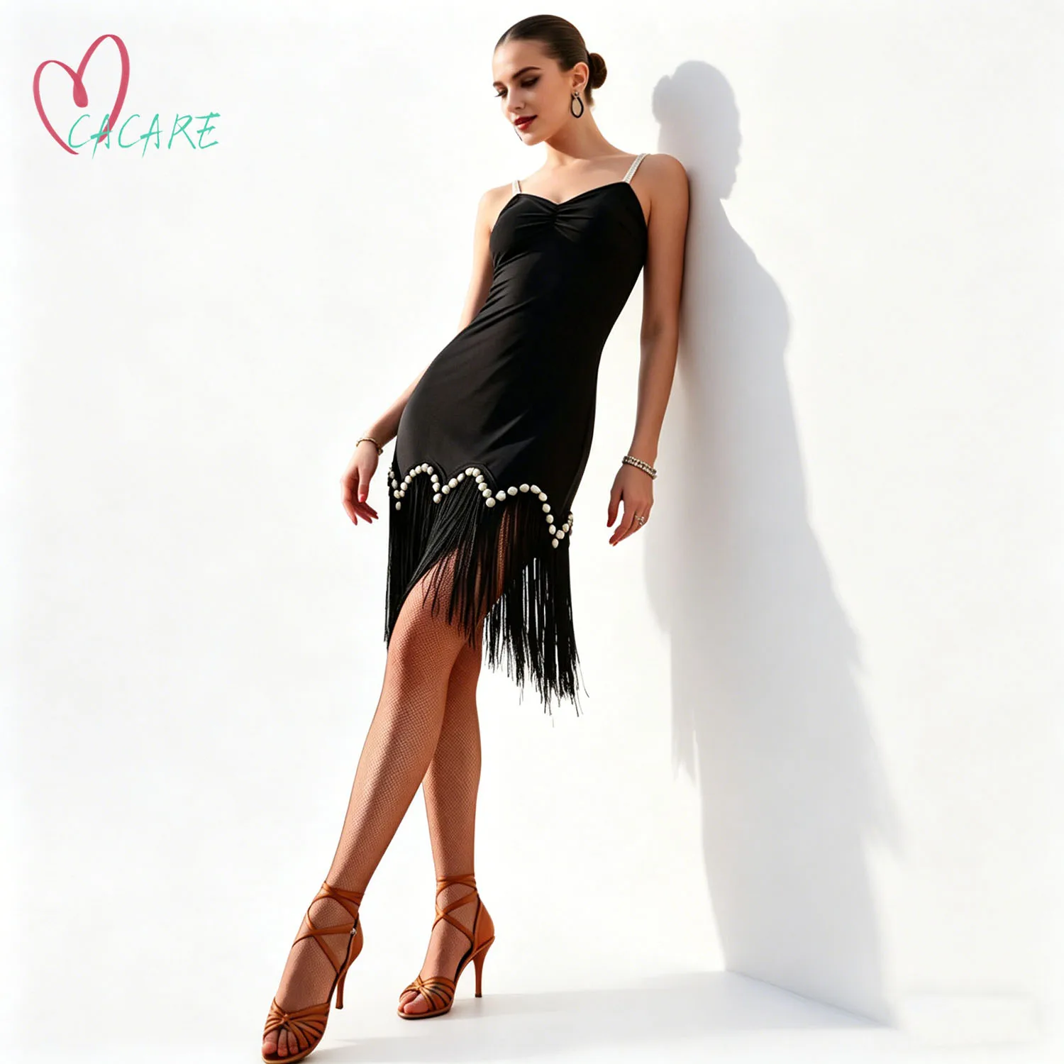 

Women's Black Latin Dance Dress Tassel Pearl Trim Spaghetti Strap Bodycon for Salsa Cha Cha Tango Performance Practice 566