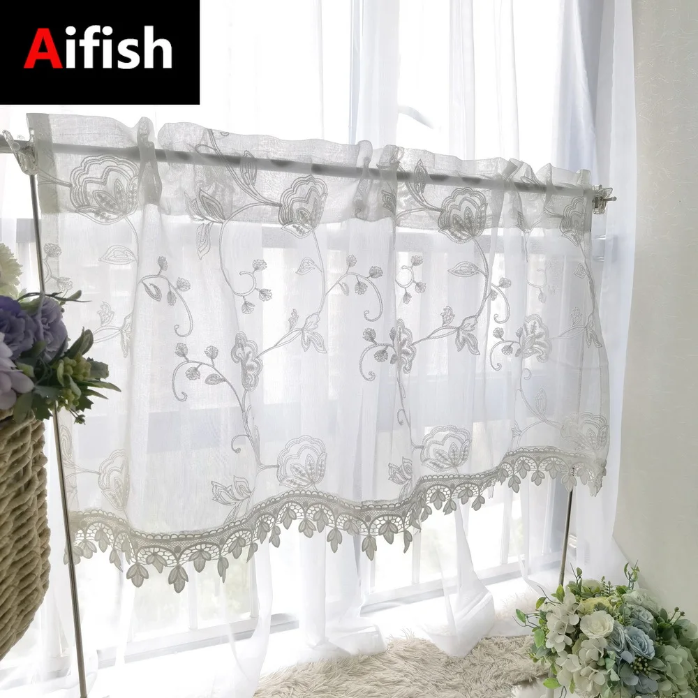 1 Piece White Pastoral Short Tulle Curtains For Kitchen Living Room Bedroom Window Drapes Floral Embroidery Tulle Half Curtains