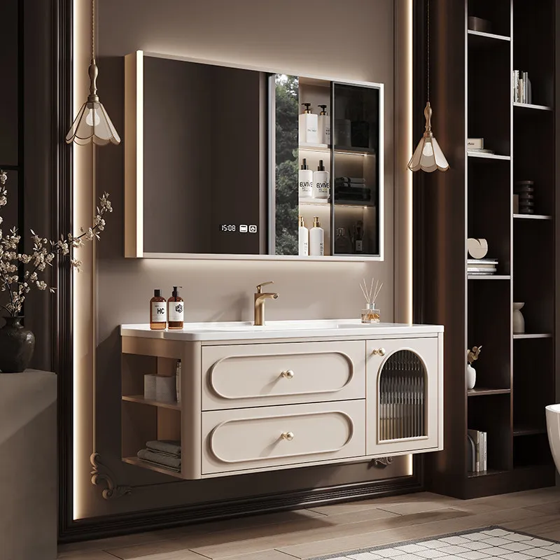 New French cream wind solid wood bathroom cabinet toilet ceramic integrated washbasin wash basin wash table combination