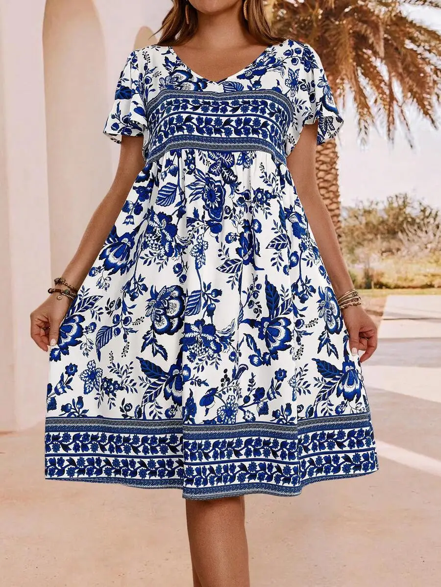 

Boho Floral Print V-Neck Short Sleeve A-Line Dress For Women Summer Vacation Outfit