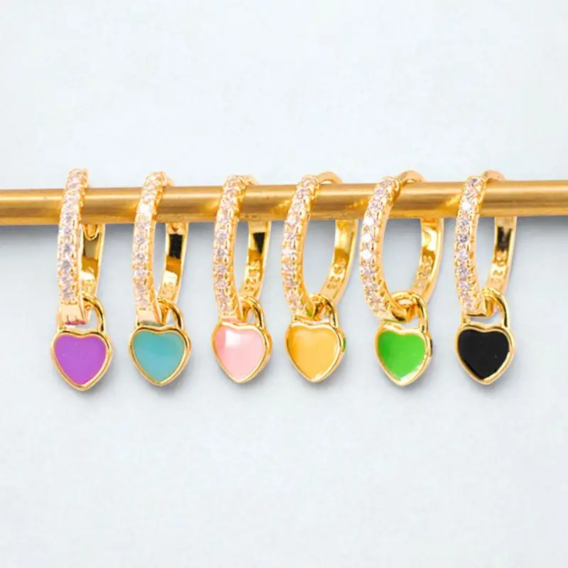 

925 Sterling Silver Needle Colorful Enamel Heart Shape Pendant Earrings For Women Fashion Zircon Hoop Earrings Luxury Jewelry