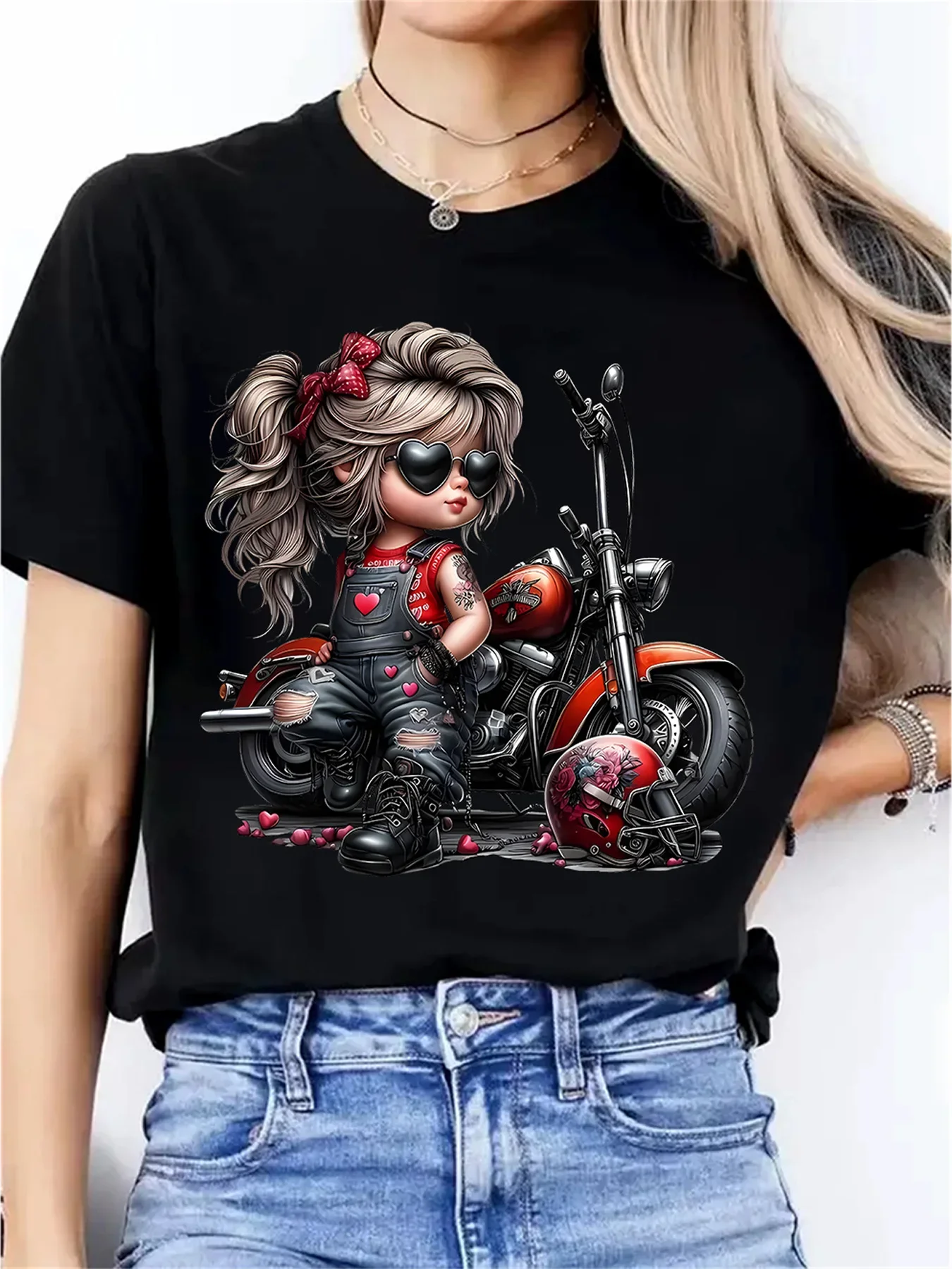 Print with Heart Details Stretch Round Neck Casual & Festive Wear Women's Black Motorcycle Graphic T-Shirt