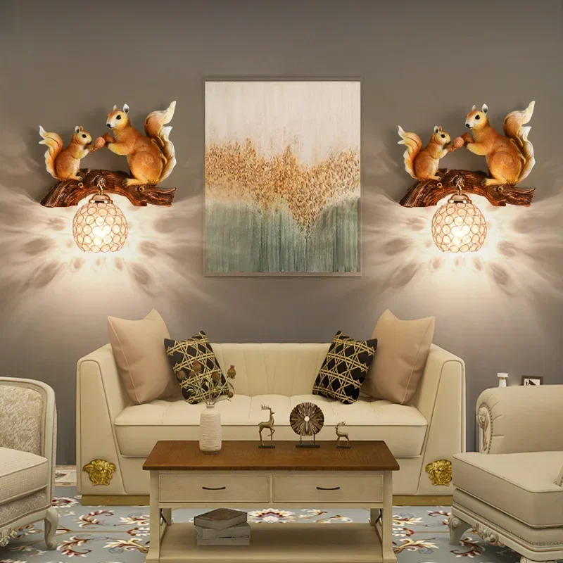 Squirrel LED Wall Lamp, American Style Resin Sconce, Cute Animal Light for Bedroom Living Room Study, Crystal Decor Home Lightin