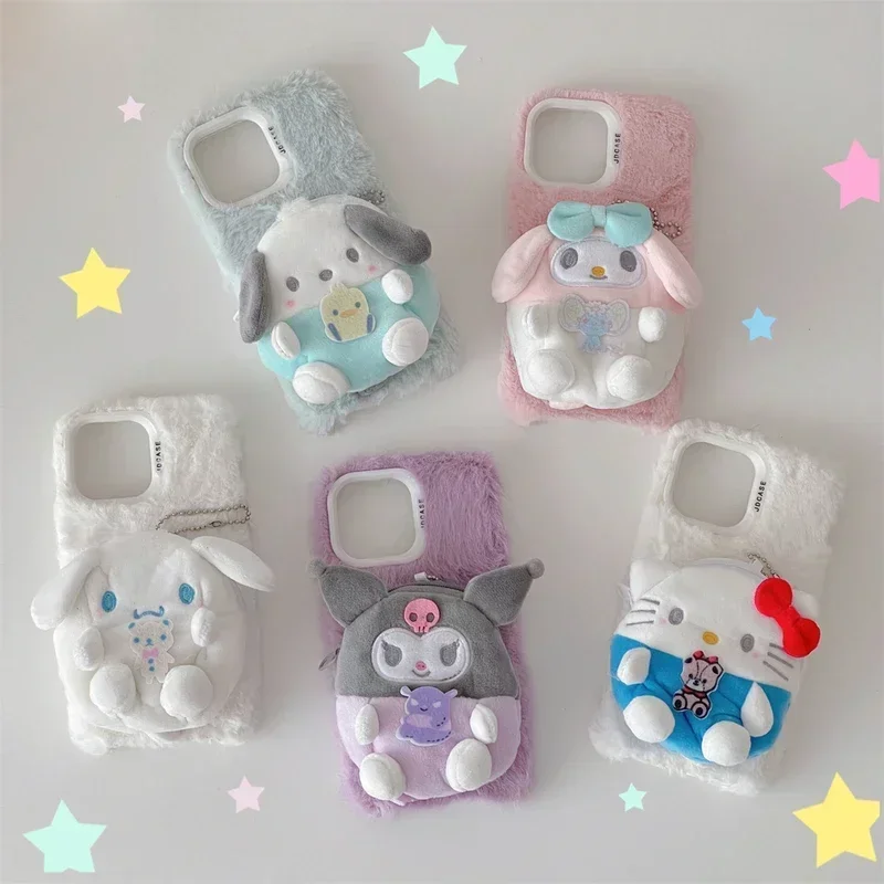 Sanrio Hello Kitty Pochacco Kuromi Melody Cinnamoroll Plush Phone Case For iPhone 16 15 14 13 12 11 Pro Max Coin Purse Cover