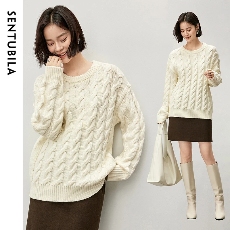 SENTUBILA Casual Wool Knitted Pullovers Women 2024 Winter Oversize Warm Thread O Neck Drop Sleeve Female Sweaters W44E57007