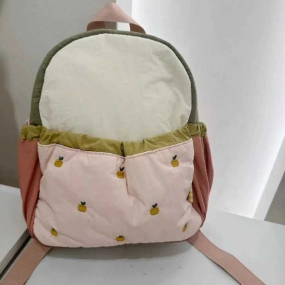 Nylon lightweight student schoolbag with color-blocked cute apple embroidery children's mini lightweight travel backpack