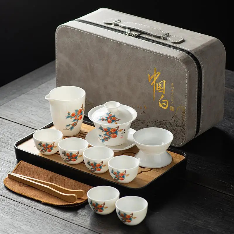 New White Porcelain Tea Set Complete Kung Fu Tea Set Lamb\'s Jade Covered Bowl Tea Cup Travel Tea Set with 6 Cups Home Gifts