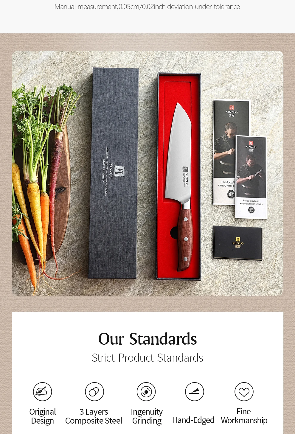 XINZUO Hochwertiges Edelstahl 7,2'' Santoku-Messer 3-Schicht-Verbundstahl Schneidemesser Küchenmesser mit Rotem Holzgriff – Detail 11