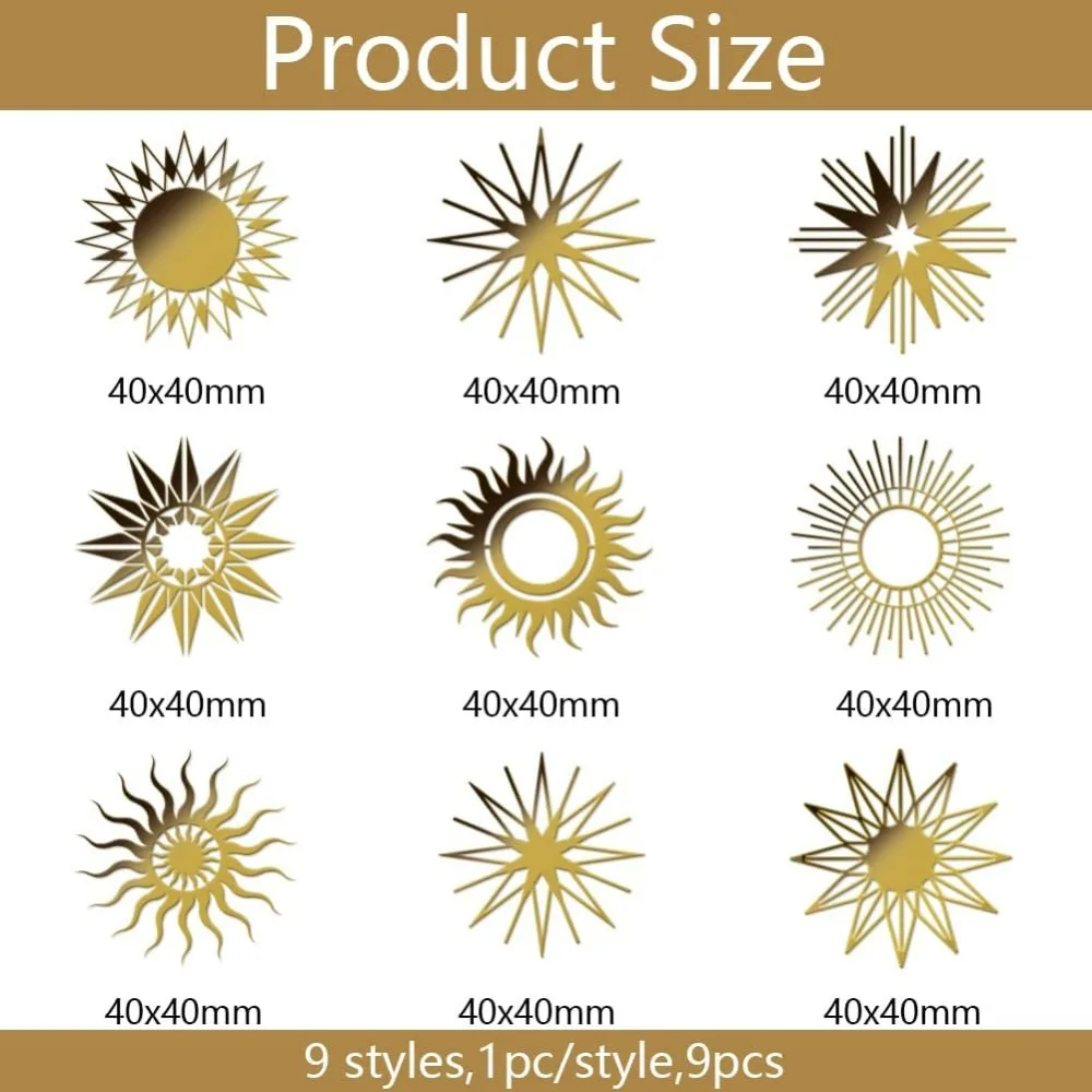 9pcs 1.6x1.6 inch Golden Metal Stickers Sun Metal Stickers Self Adhesive Fantasy Sticker Epoxy Star Pyramid Sticker for DIY