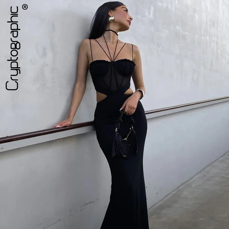 Moda crittografica Cut Out Mesh Sheer Maxi Dress Gown abiti eleganti per le donne Party Club senza maniche abiti Sexy Halter