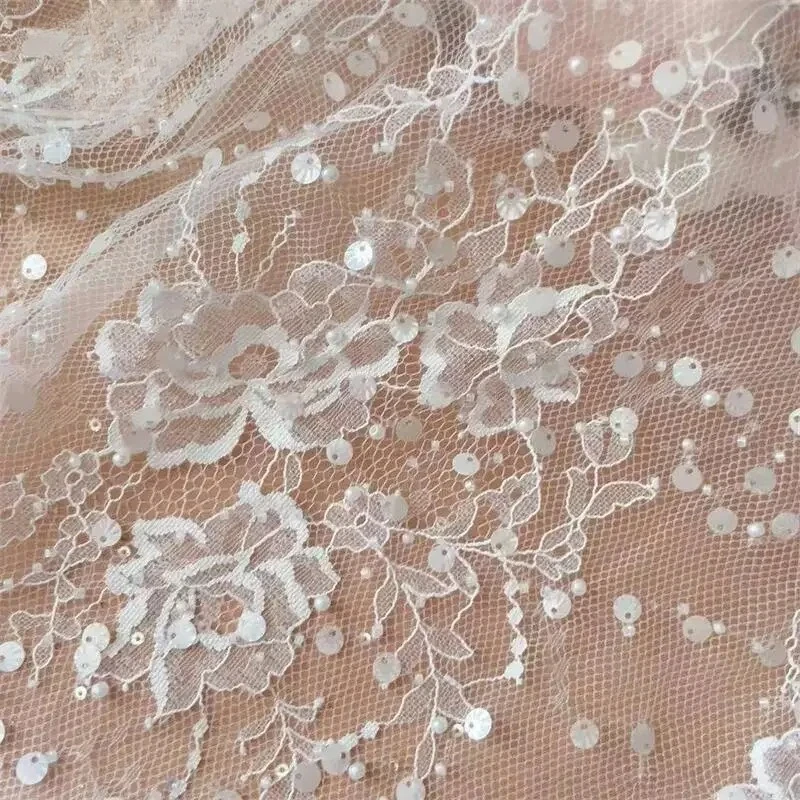 

2025 NEW Sparkle Shell Sequin French Lace Fabric, White Bridal Wedding Dress Veil , DIY Sewing Background Decoration Accessories