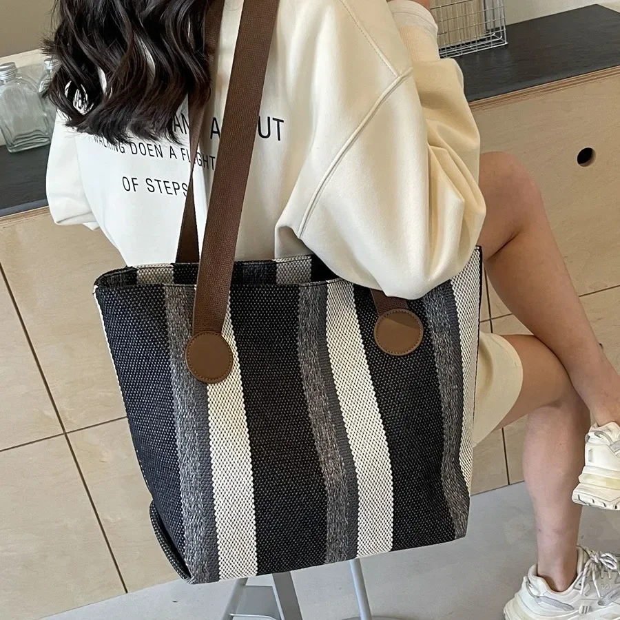 2024 New Fashionable Contrasting Striped Canvas Commuter Tote Bag Large Bag Women\'s  Trendy Underarm Shoulder Bag