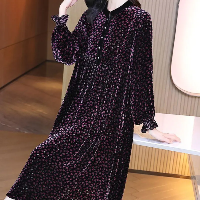 Stylish Vintage Broken Flowers Velvet Midi Dress Autumn Winter Long Sleeve Shirring Women\'s Clothing O-Neck Button Waist Dresses