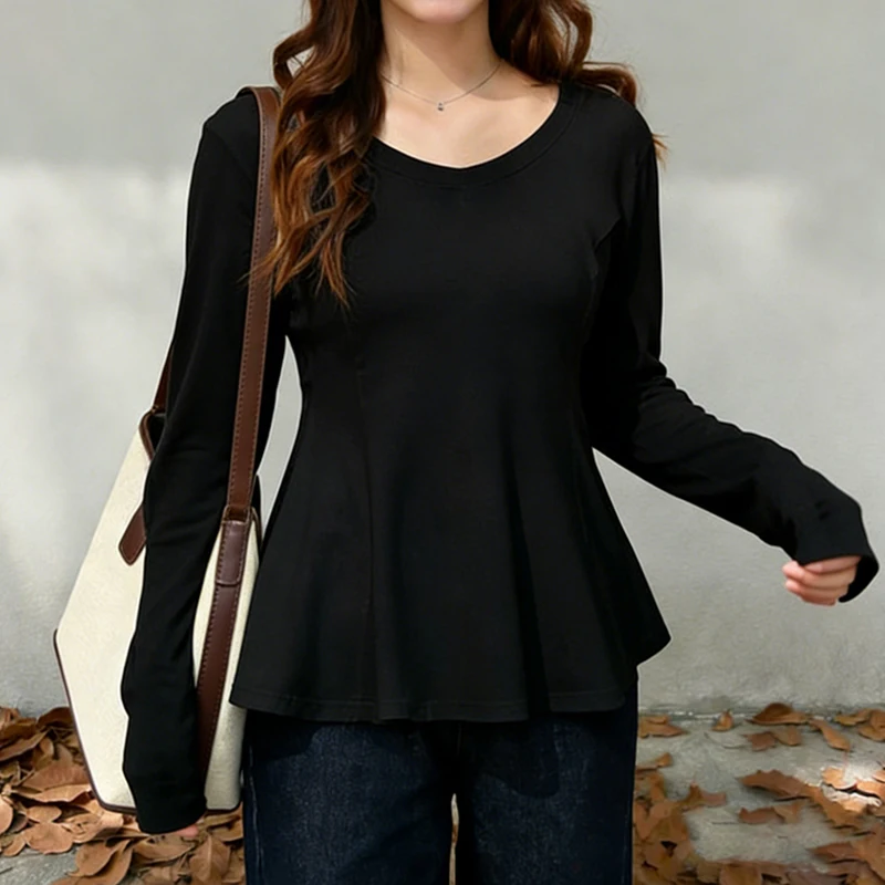 2026 Spring Long Sleeve Clothes Basic T-Shirt For Women O Neck Black White Grey Simple Tshirts Summer Casual Tee Shirt Femme