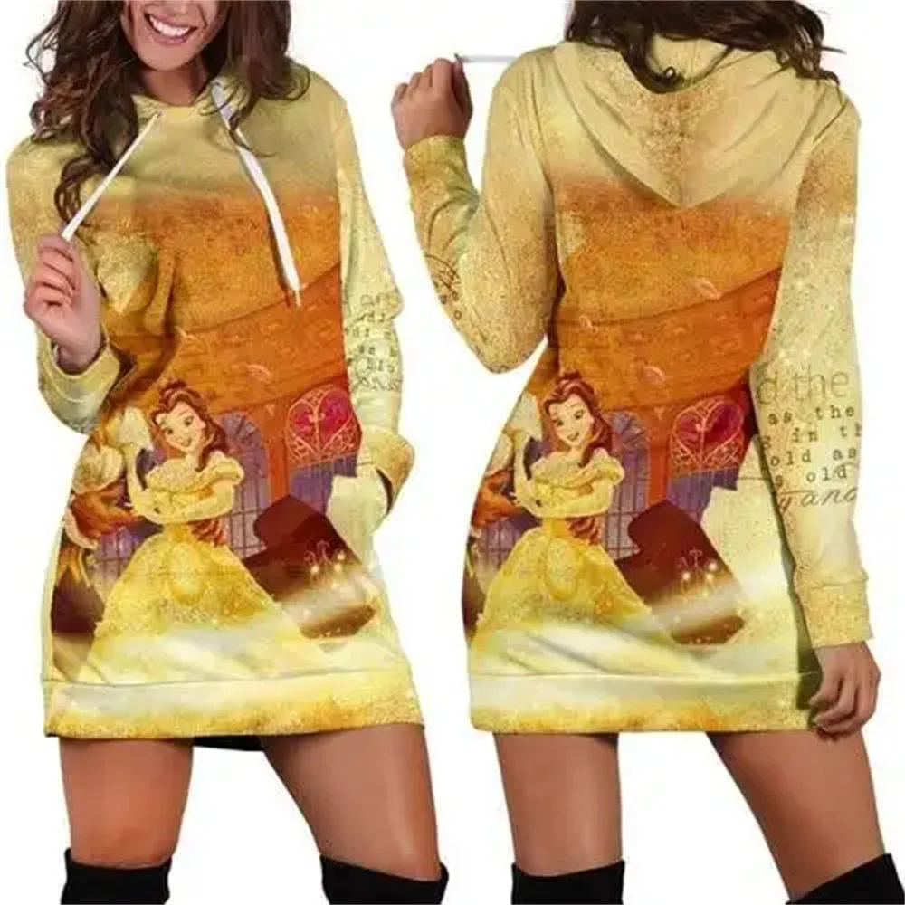 Robe sweat à capuche Disney 3D pour femme, sweat-shirt rétro, imprimé intégral, la belle et la bête, mode 2024