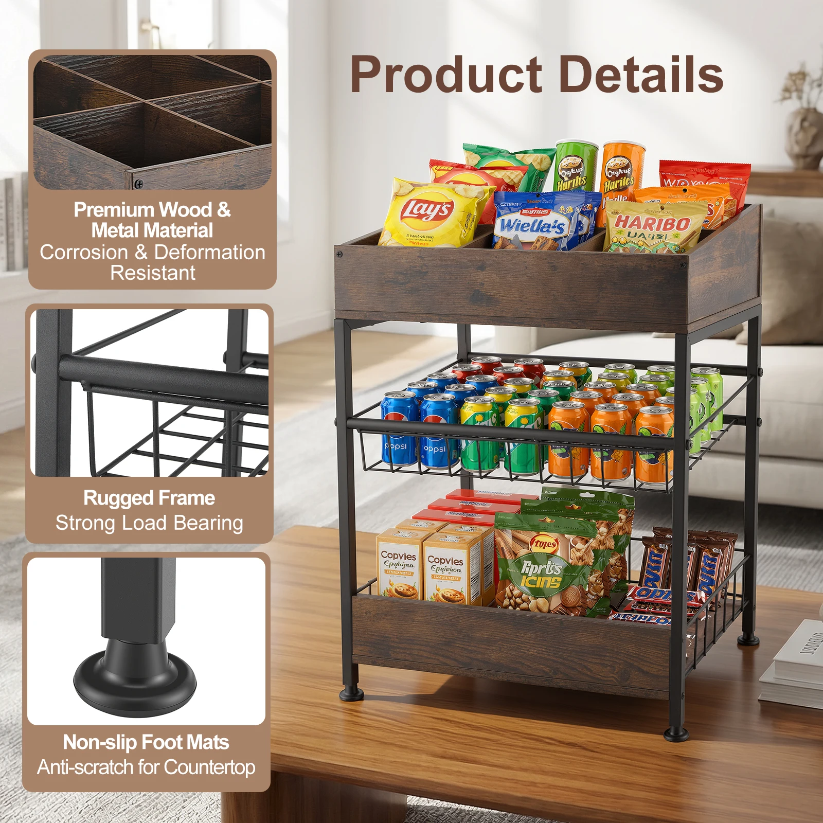 Espositore per caramelle a 3 livelli con 6 scomparti regolabili, organizer da banco per snack, scaffale espositivo marrone per dispensa, cucina, ufficio, negozio e mercato