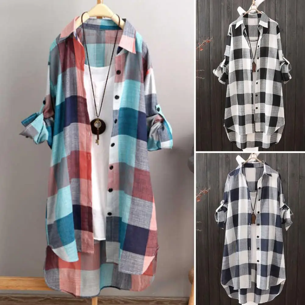 Stylish Sun Plaid Pattern Long Shirt Comfy Roll up Sleeve Buttons Closure Blouses Shirt Turn Down Collar Workwear